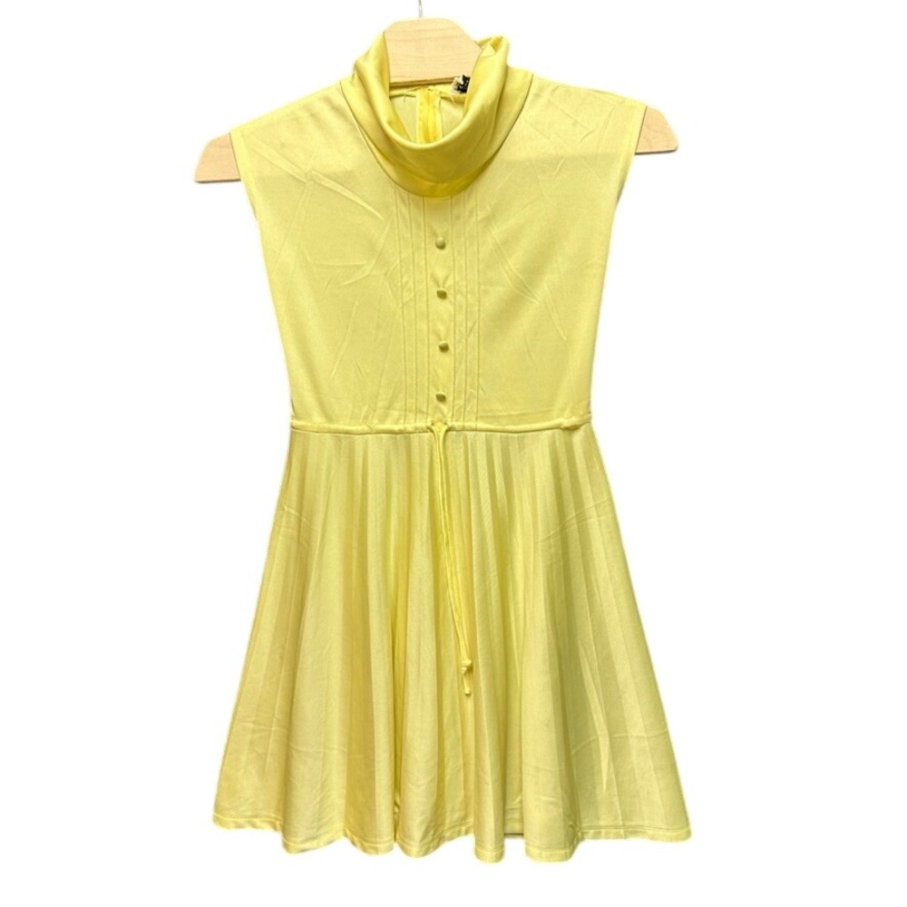 Melissa Lane Vintage Yellow Cowl Neck Pleated Sleeveless Midi Dress Womens